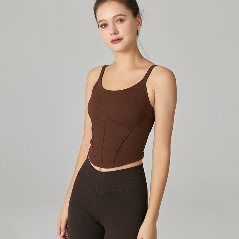Retro Fishbone Line Naked Sense Yarn One-Piece Woven Fixed Chest Pad External Wear Yoga Fitness Vest - Image 3